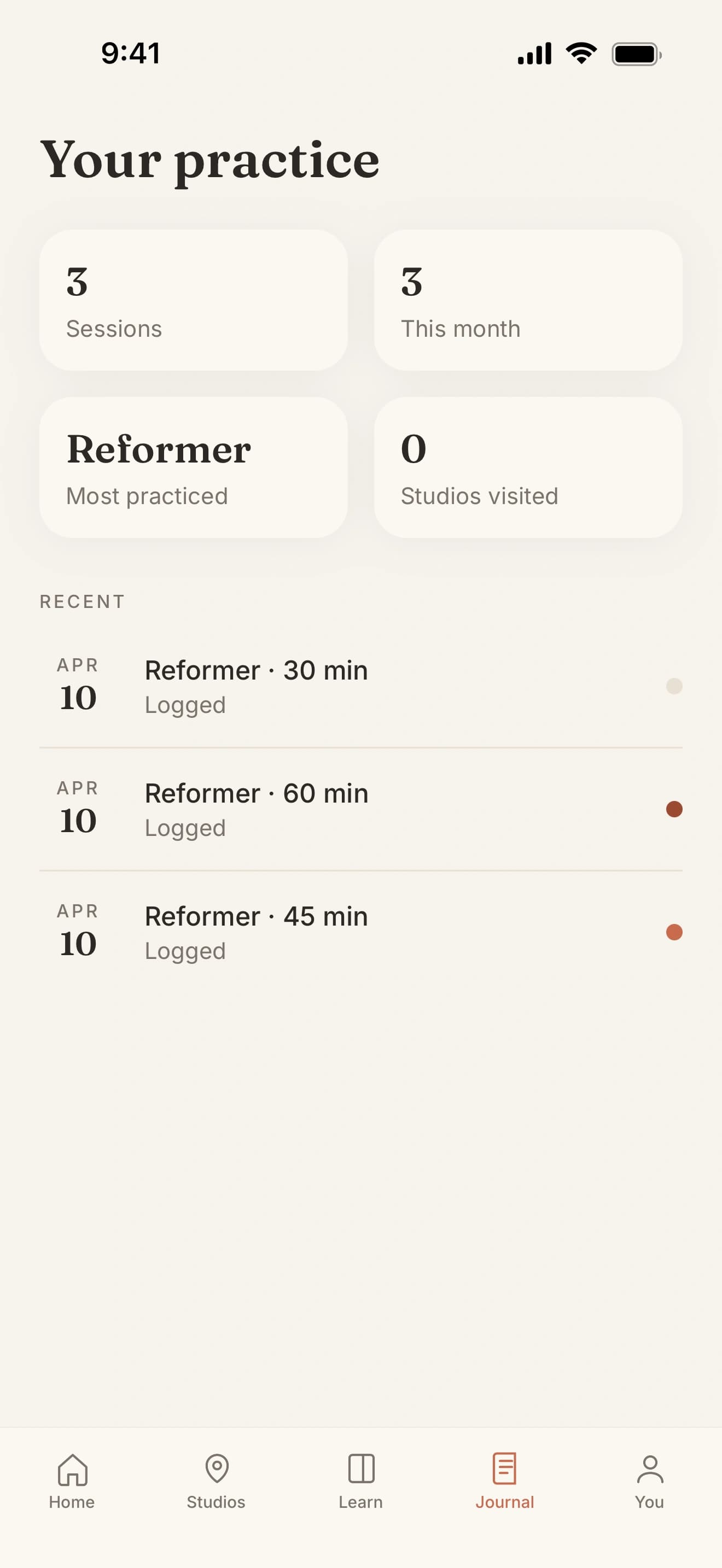 Journal with session history