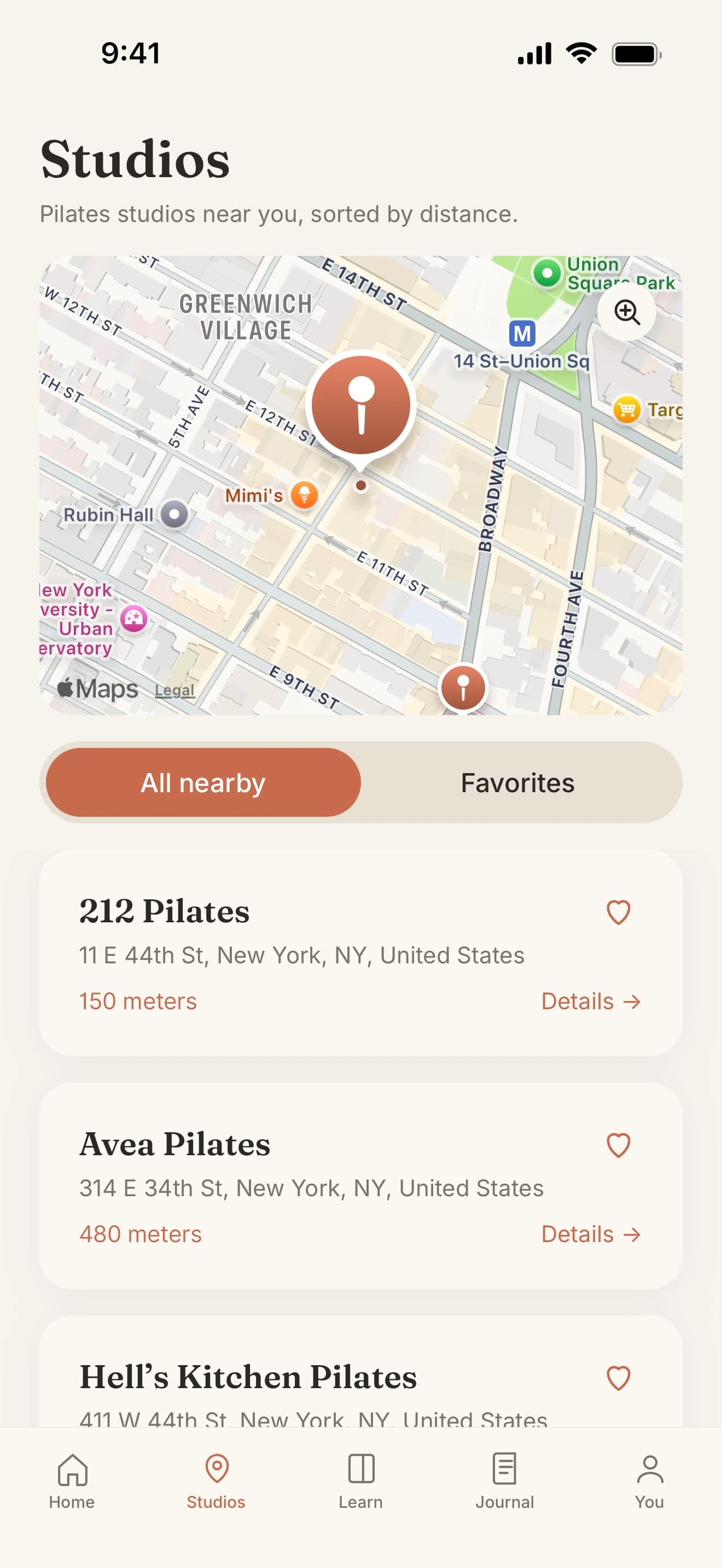 Studios tab with map and pins